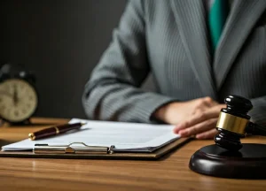 Clock and legal documents on a desk symbolizing the timeline of a mesothelioma lawsuit